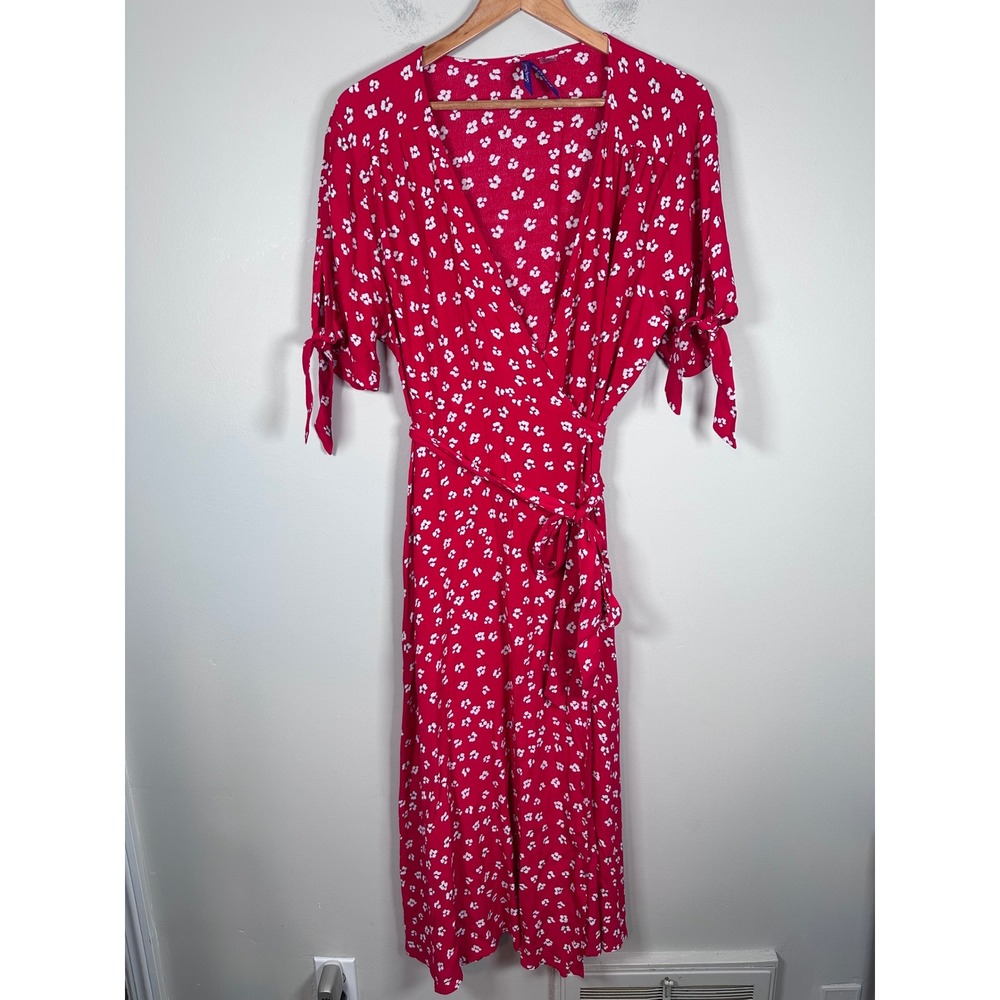 Seraphine Wrap Midi Dress Womens 14 Red Floral Maternity Boho Cottagecore